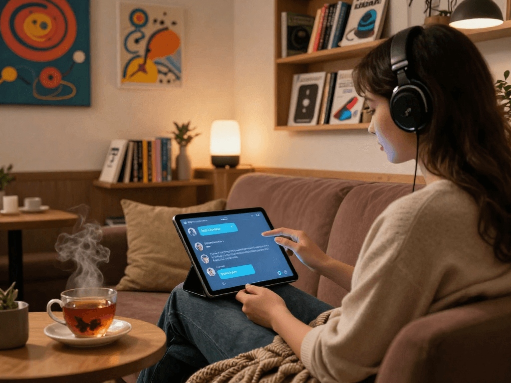Cozy café scene with person enjoying AI chat porn on a tablet, warm ambient lighting, and inviting décor.