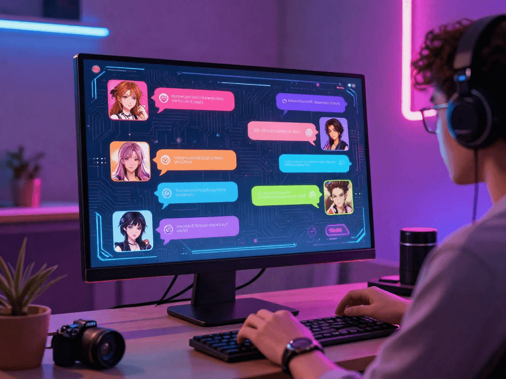 User interacting with a futuristic device for hentai ai chat, showcasing diverse character avatars and engaging animations.