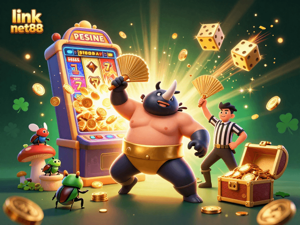 Engage with link net88 through a vibrant scene of a rhinoceros beetle champion celebrating a jackpot explosion in a lively casino.