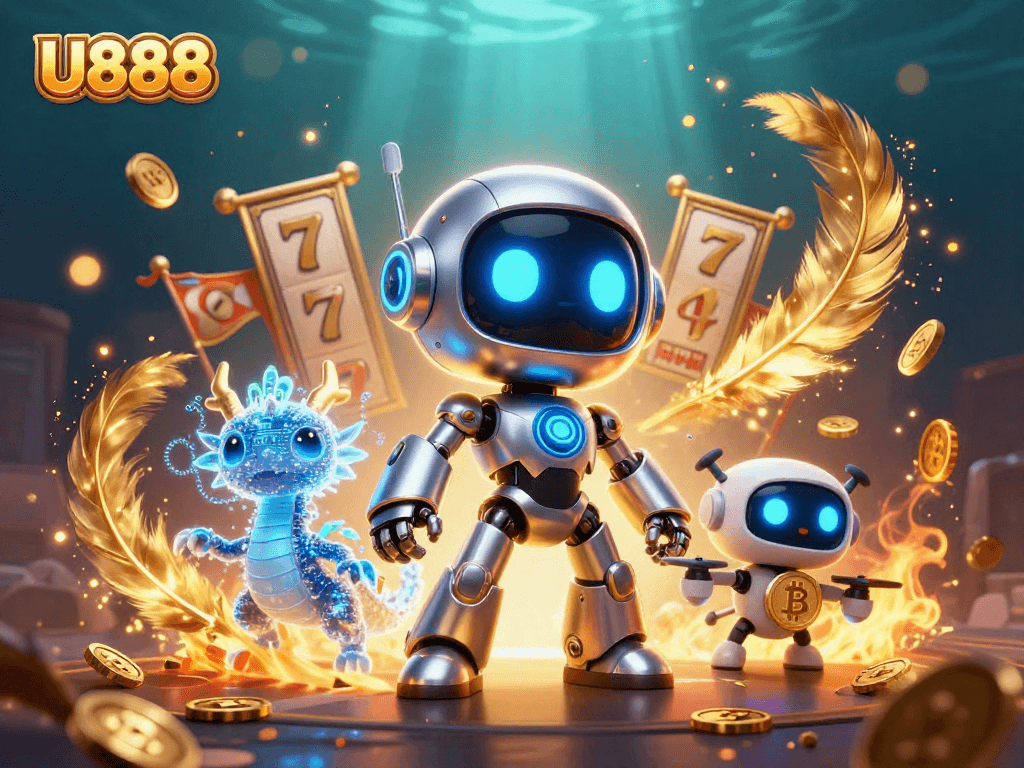 Engage with U888's dynamic gaming experience featuring a cartoon cyberpunk robot and a bitcoin-carrying drone in a rich casino scene.
