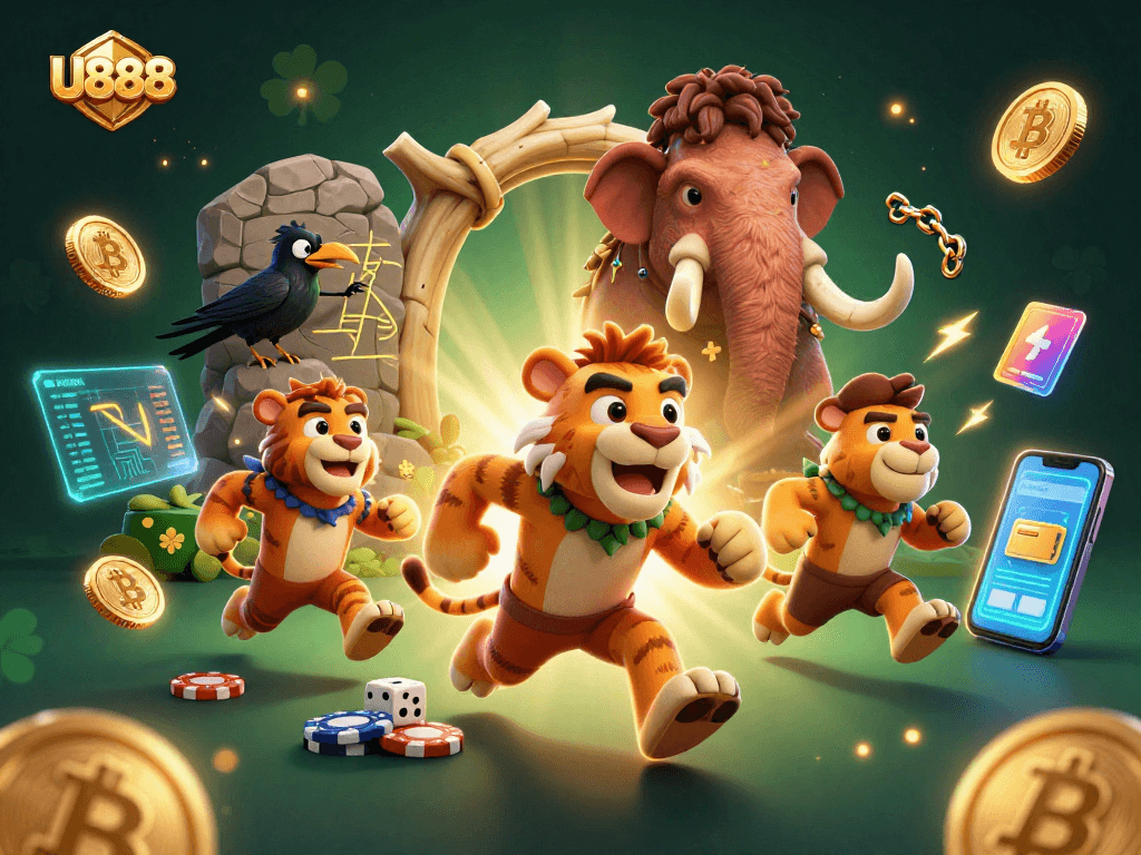 U888 introduces a vibrant prehistoric casino scene featuring dynamic characters and gambling elements.