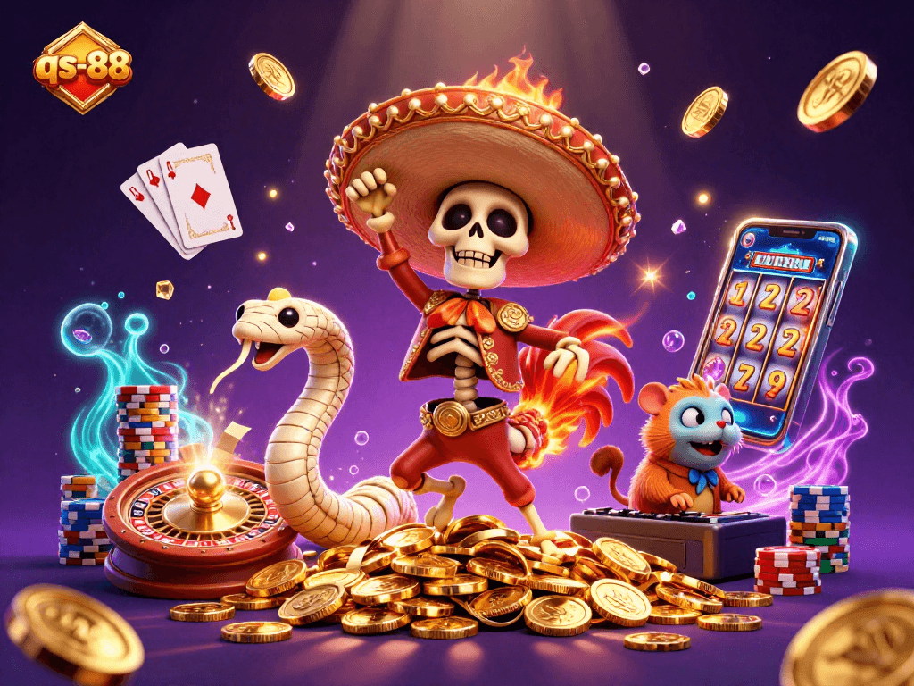 qs-88 features a vibrant victory dance with colorful characters and dazzling casino elements.