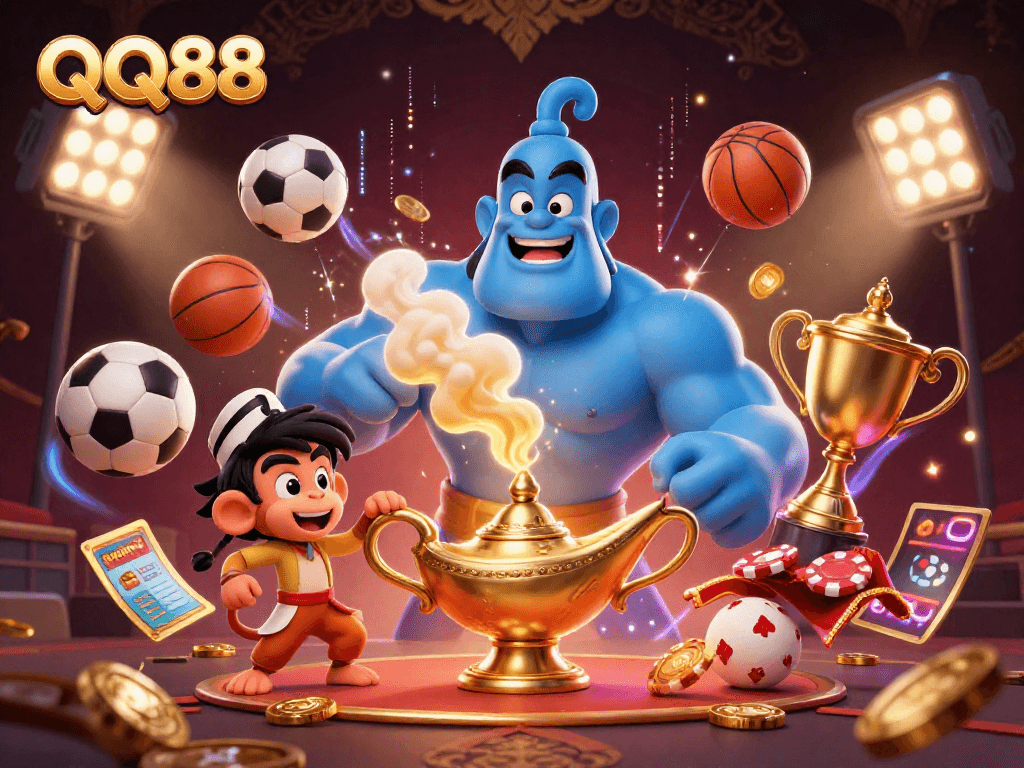 Experience thrilling gaming action with QQ88 as a genie and monkey join in a vibrant casino scene full of sports excitement.