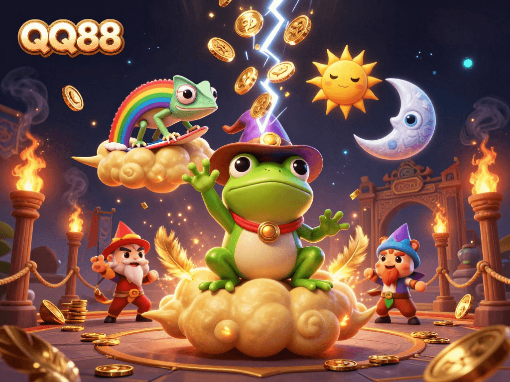 Experience QQ88's thrilling entertainment scene with a wizard frog and chameleon in a storm of coins.