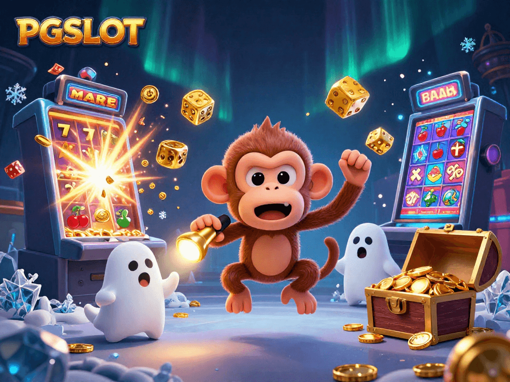PGSLOT's vibrant slots come alive with a mischievous monkey and a curious puppy in a casino