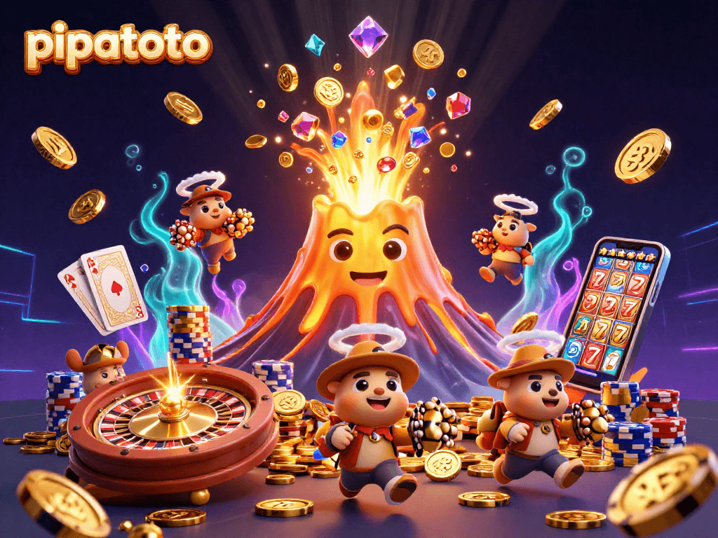 Experience thrilling wins at PIPATOTO: A golden volcano erupts coins and gems in a vibrant casino scene.