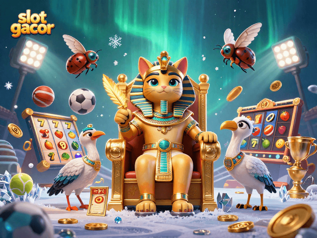 Experience thrilling slot gacor fun with a majestic pharaoh cat in this vibrant 3D illustration.