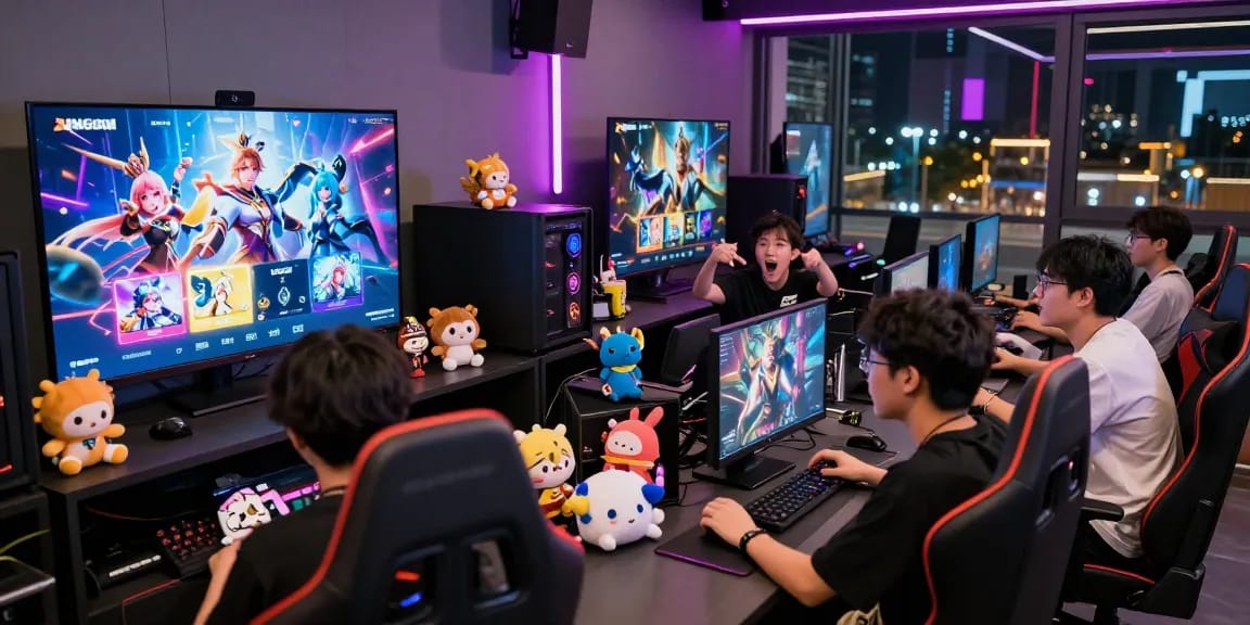 Gacha168 gaming lounge scene with players unveiling rare characters.