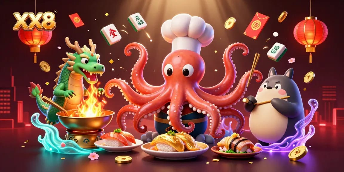 Experience the excitement of XX8 casino with a cheerful octopus chef, a fiery dragon, and festive elements.