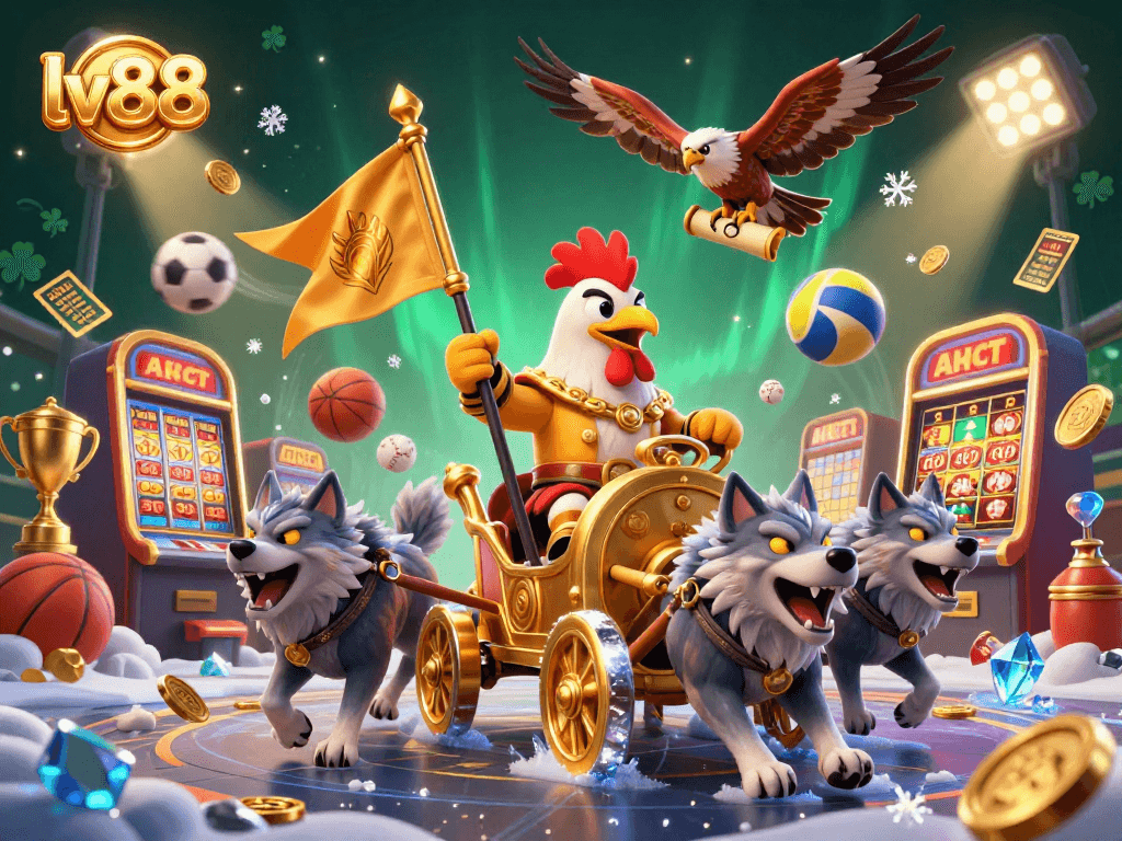 Experience the excitement of lv88 with dynamic sports-themed casino elements in a vibrant 3D illustration.