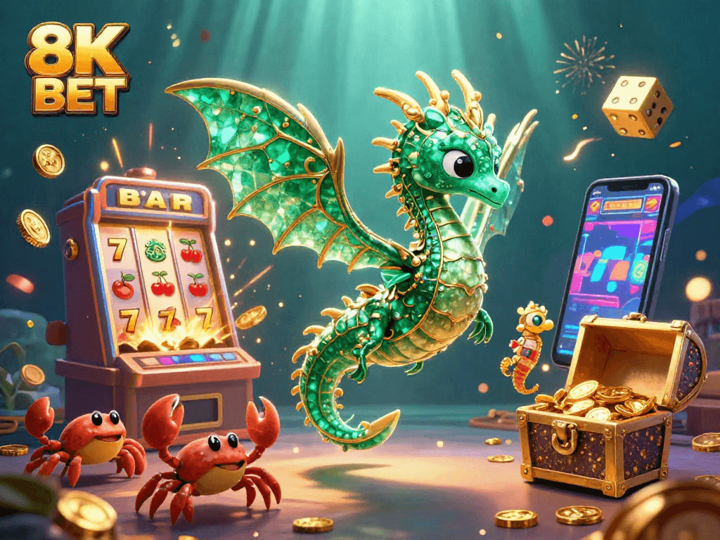 Experience the vibrant world of 8K BET with a dynamic illustration showcasing thrilling casino elements.