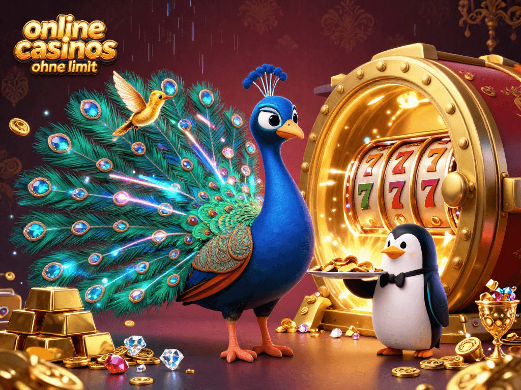 Engage with vibrant 3D art reflecting online casinos ohne limit, showcasing slots, jackpot symbols, and dynamic characters.