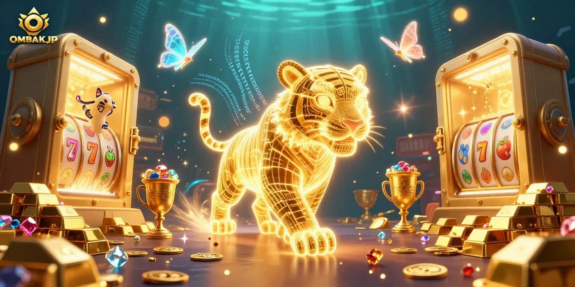 Engage with the breathtaking OMBAKJP casino landscape illustration featuring a golden tiger and slot elements.