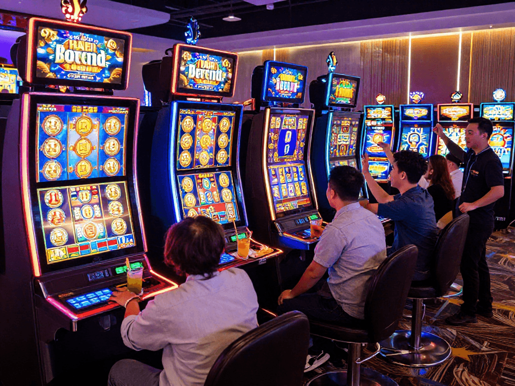 Pengalaman bermain slot7000 di kasino dengan teman-teman dan mesin slot yang menyala.