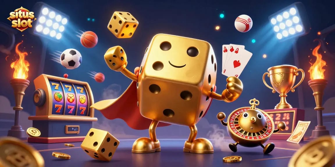 Permainan situs slot dengan karakter dadu emas dan elemen kasino yang dinamis