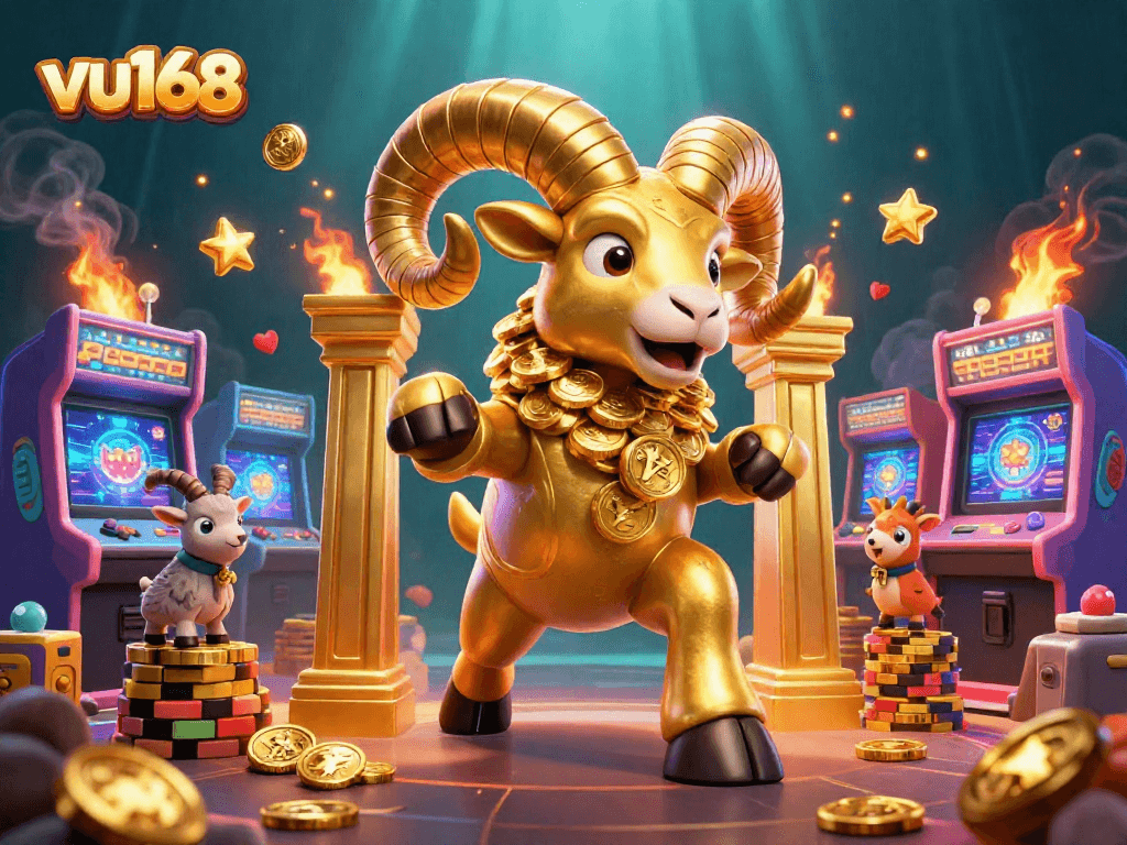 Experience the excitement of vu168 as the golden ram leads the charge in a vibrant casino scene.
