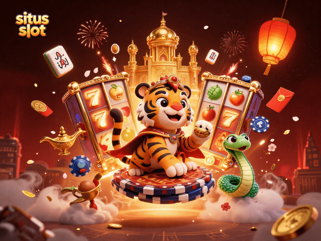 Menangkan permainan situs slot dengan simbol keberuntungan memikat dalam latar belakang berwarna emas