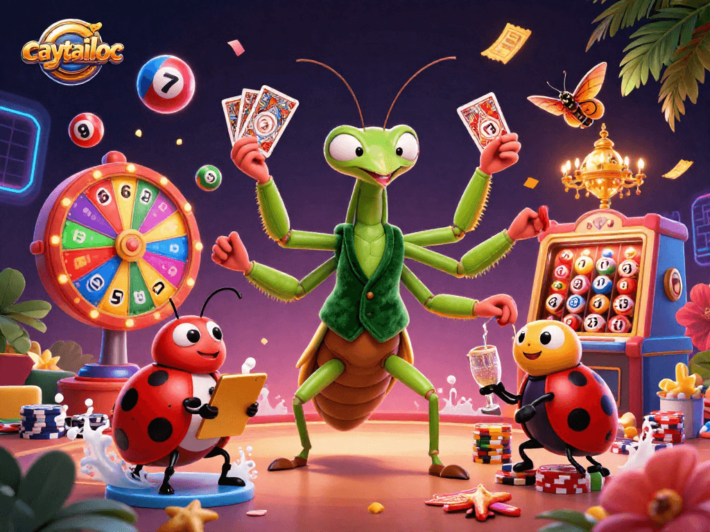Engage with caytailoc by exploring a vibrant 3D illustration of a lively casino scene filled with exciting game elements.