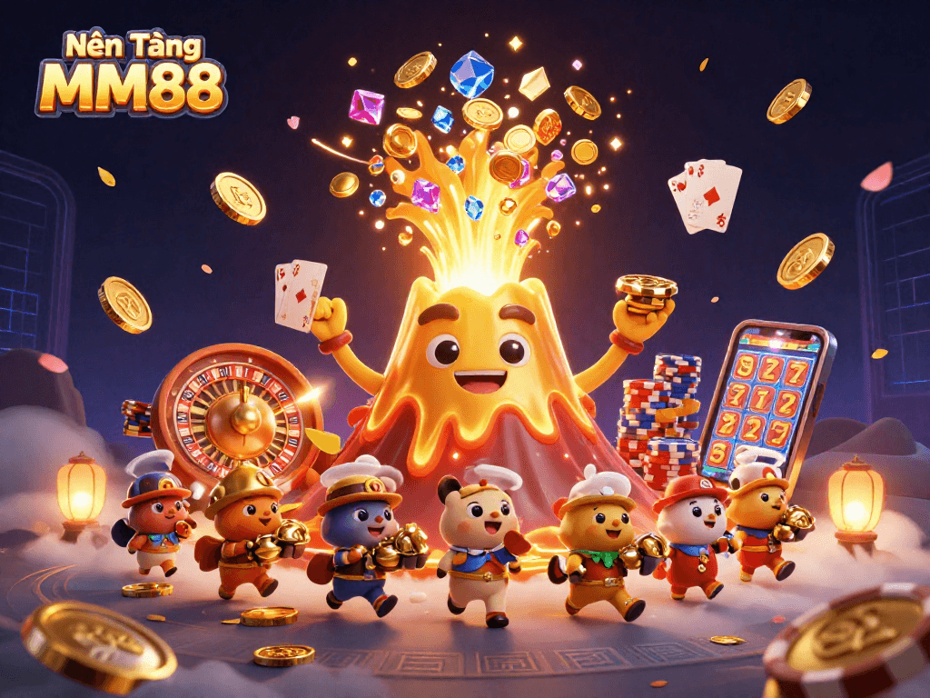 Nền Tảng MM88 presents a dynamic casino scene with a golden volcano erupting coins, showcasing thrilling gambling action and treasure.