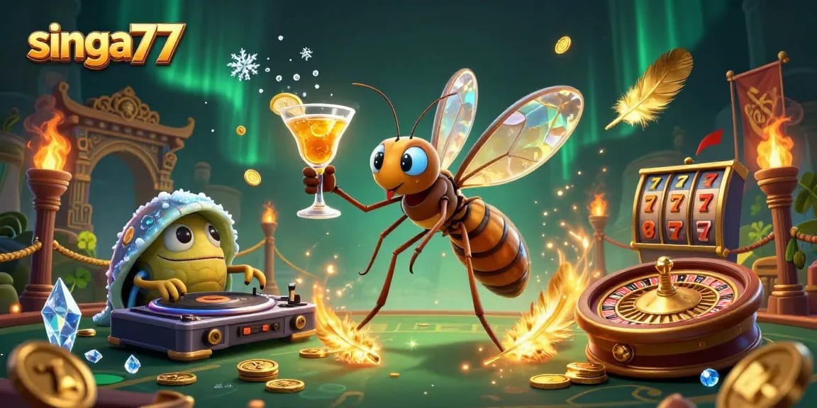 Singa77 brings excitement with a frozen mosquito casino mascot, trilobite DJ, and golden roulette wheel.
