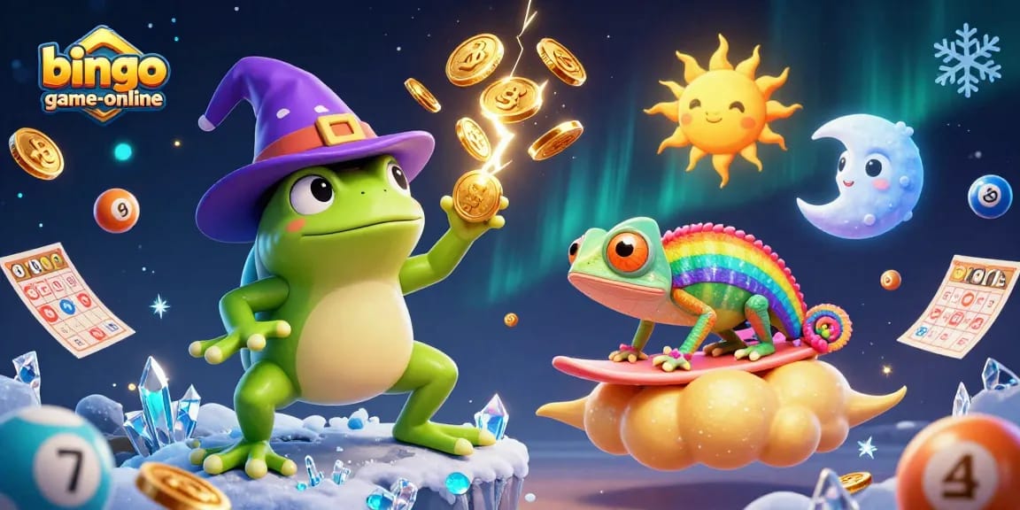 Win with bingo-game-online as a magical frog creates gold coins amidst exciting bingo elements.