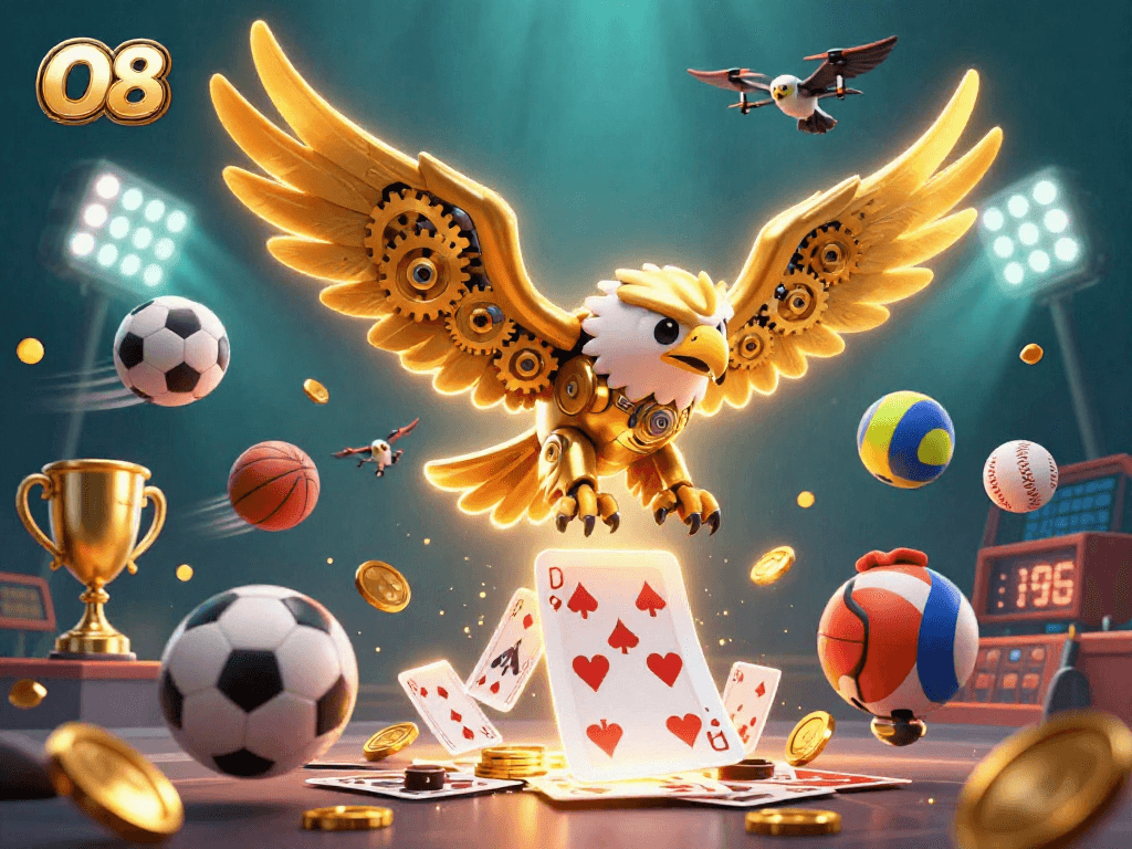 Experience the excitement of O8 as the cybernetic golden eagle battles through holographic cards in an exhilarating gambling scene.