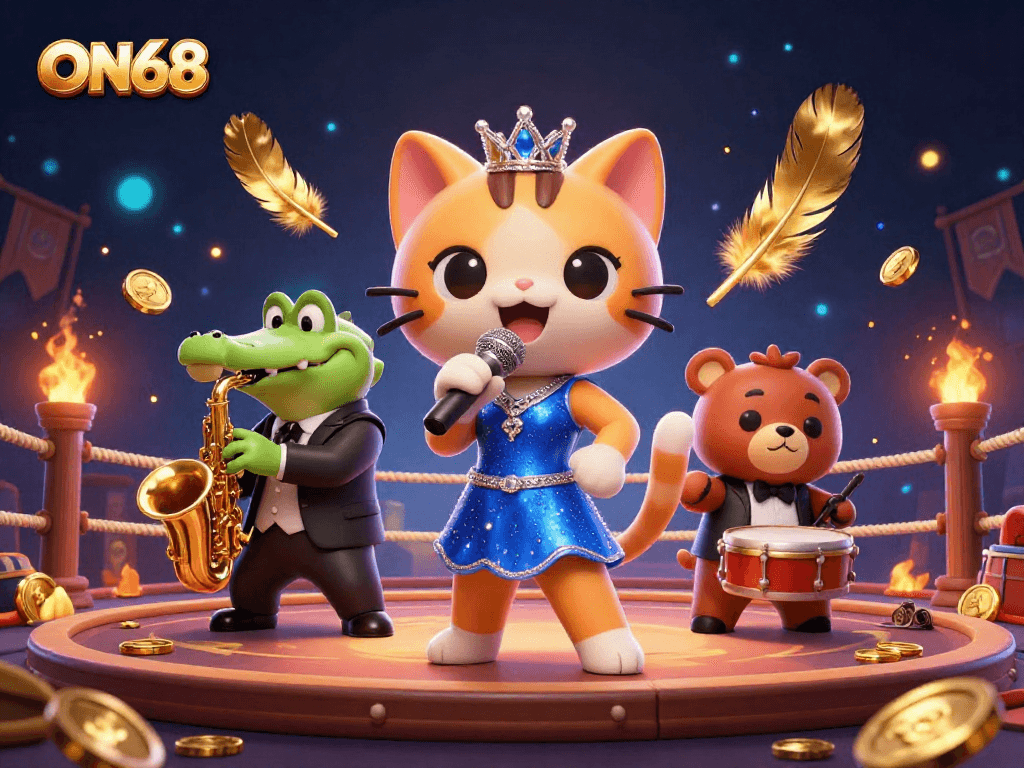 Engage with ON68's thrilling casino experience featuring lively cartoon characters performing on stage.