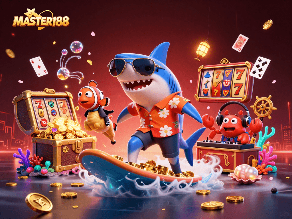 MASTER188 showcases a dynamic casino scene with a shark surfing gold coins amidst festive slot machines.