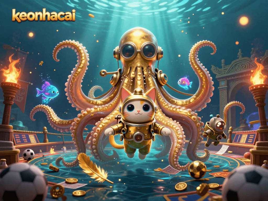 Engage in thrilling sports betting excitement with keonhacai, featuring a colossal kraken and dynamic elements.