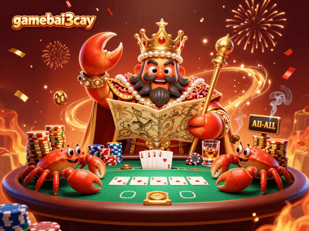 Win big with gamebai3cay at a vibrant poker table with a golden crab emperor and colorful chips.