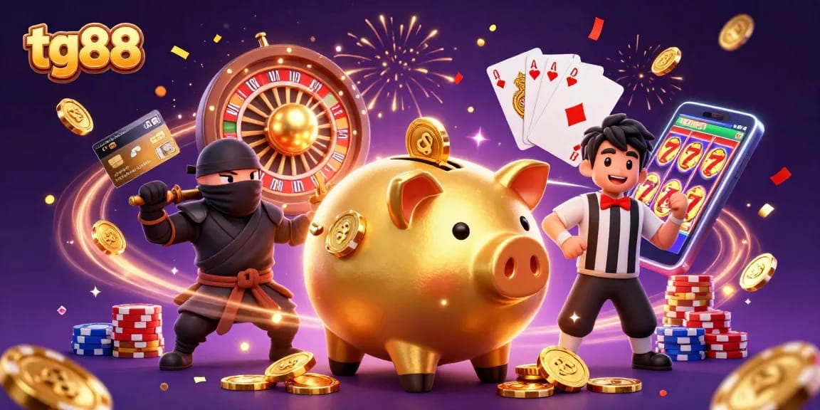 Engage with tg88's thrilling casino games in this dynamic illustration featuring unique characters and vibrant gaming elements.