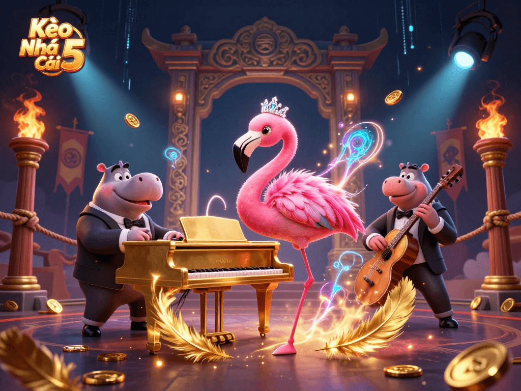 Kèo Nhà Cái 5 showcases lively casino elements with colorful characters in an engaging 3D scene.