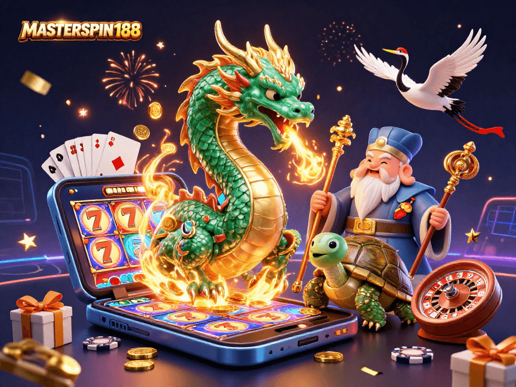 Engage with MASTERSPIN188's vibrant casino-themed illustration featuring a jade dragon, sage, and lively game elements.