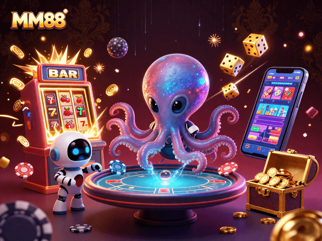 Engage with MM88's vibrant casino games, featuring a unique alien octopus, poker table, and jackpot excitement.