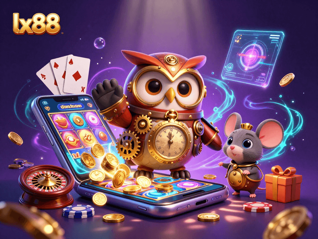 Experience thrilling games at lx88 with a time-traveling owl amidst vibrant casino elements.
