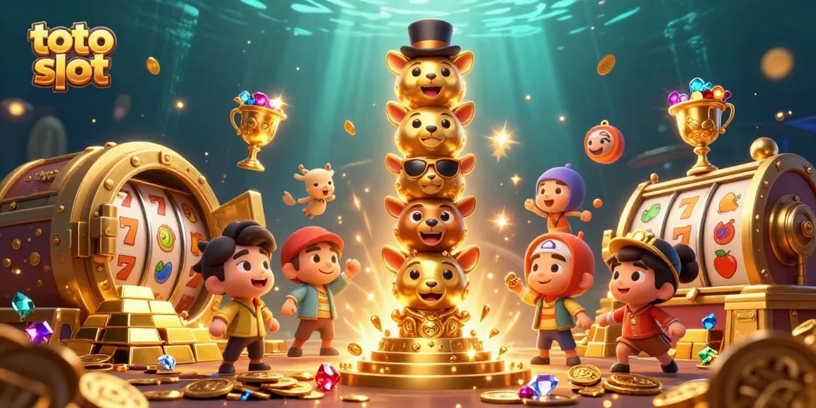 Menangkan toto slot dengan totem emas bergaya animasi, emas berkilau, dan simbol slot yang memukau.