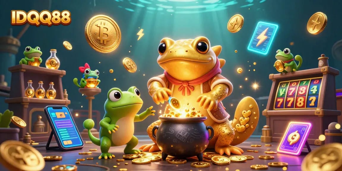 IDQQ88 transports you to a vibrant casino scene with gold transmutations and crypto elements.