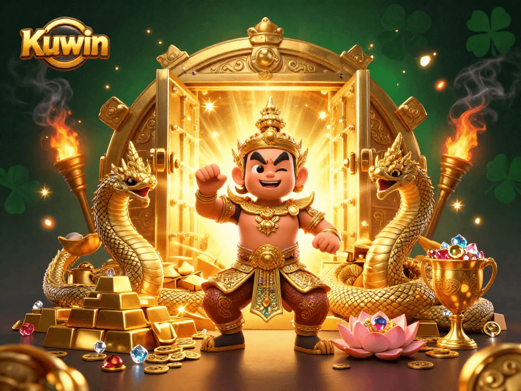 Experience the excitement of Kuwin's casino games with vibrant 3D characters and dazzling treasures.
