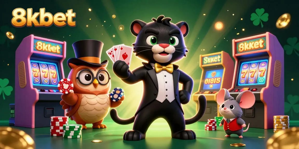 Experience thrilling gameplay at 8kbet, with a stylish panther dealing cards amidst colorful casino elements.