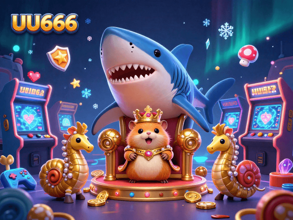 Experience the thrills of UU666 with a vibrant scene featuring a golden hamster king and casino-themed elements.