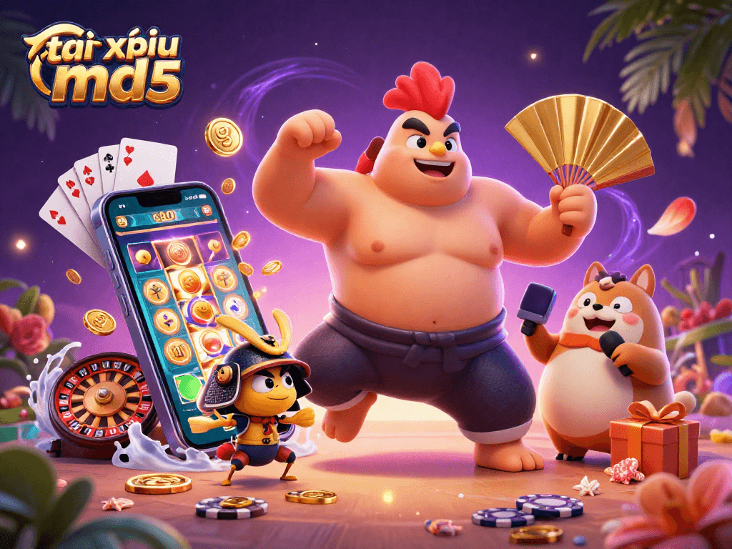 Engage with tài xỉu md5 in this vibrant 3D casino scene featuring a sumo rooster, samurai cricket, and announcer.