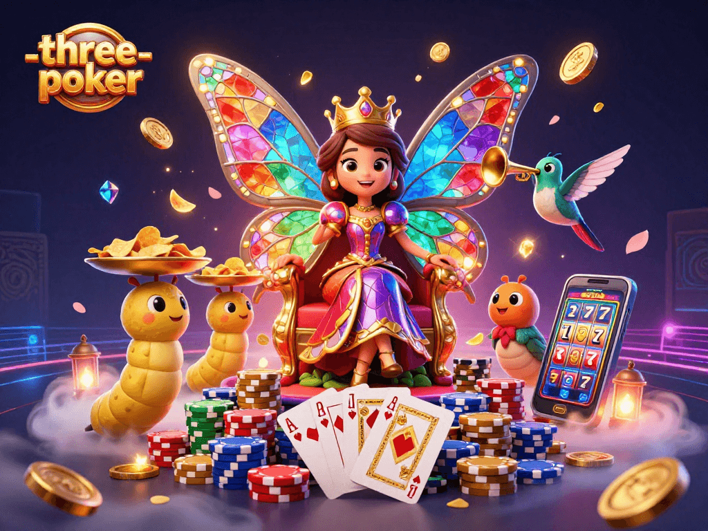 Experience three-card-poker in action as vibrant characters engage in a thrilling game with dynamic elements.