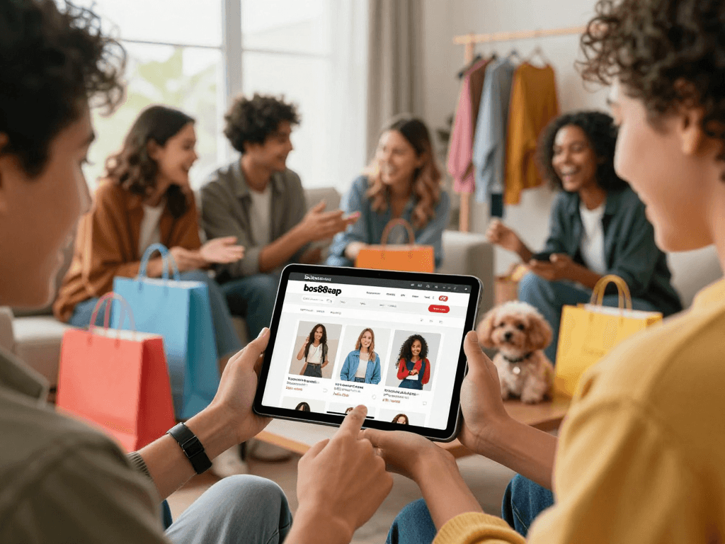 Situs belanja bos88ap.com menampilkan teman-teman berbelanja online di ruang tamu yang ceria.