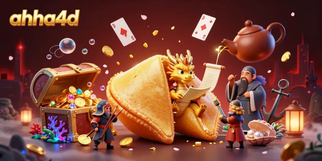 Engage with ahha4d's vibrant gaming universe featuring a golden fortune cookie and treasure.
