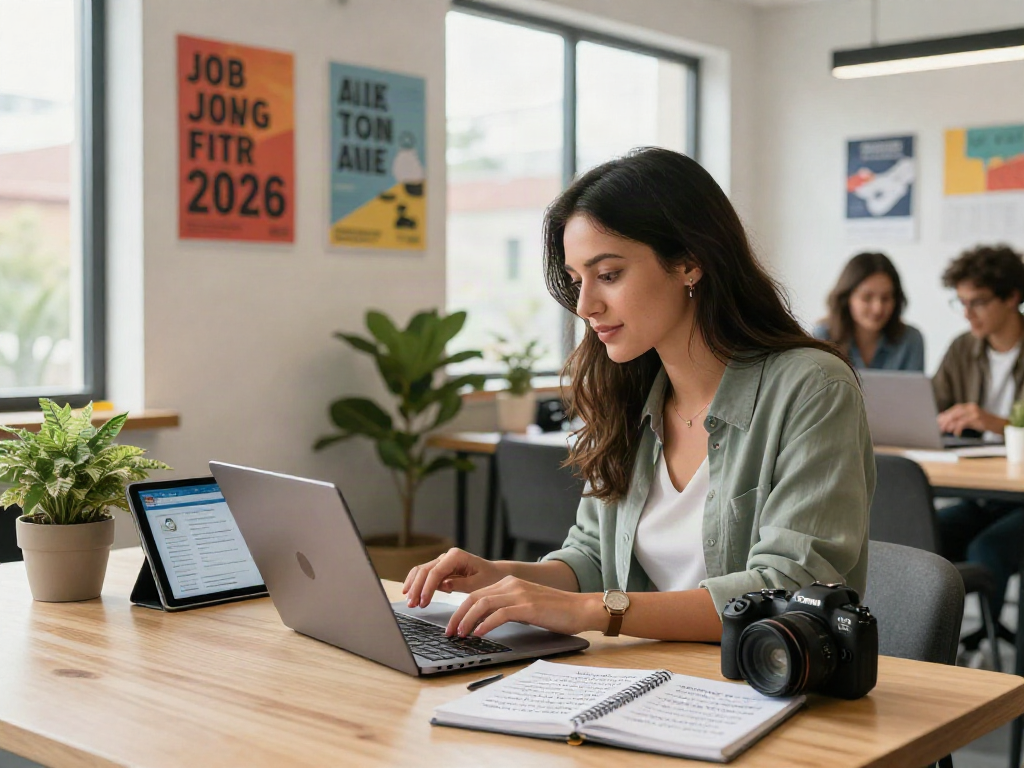 Finding job opportunities หางาน in a modern co-working space with professionals collaborating.