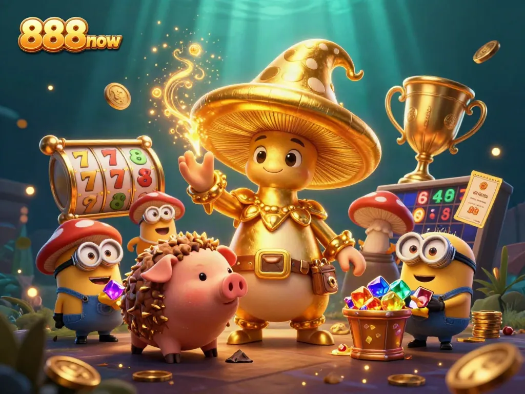 Engage with exciting jackpots at 888now, featuring dynamic characters and gaming elements in a vibrant 3D scene.