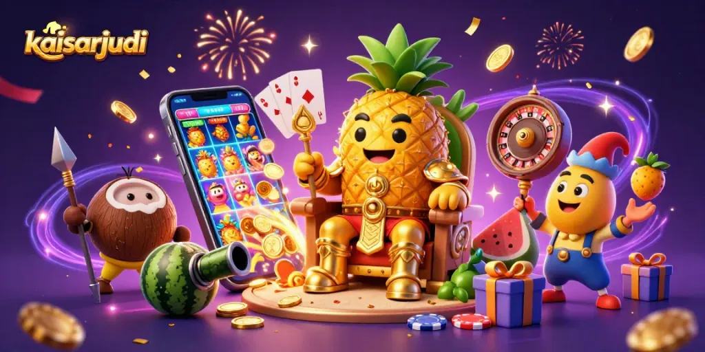 Engage with kaisarjudi through vibrant casino adventure featuring characters and gaming elements in a 3D scene.