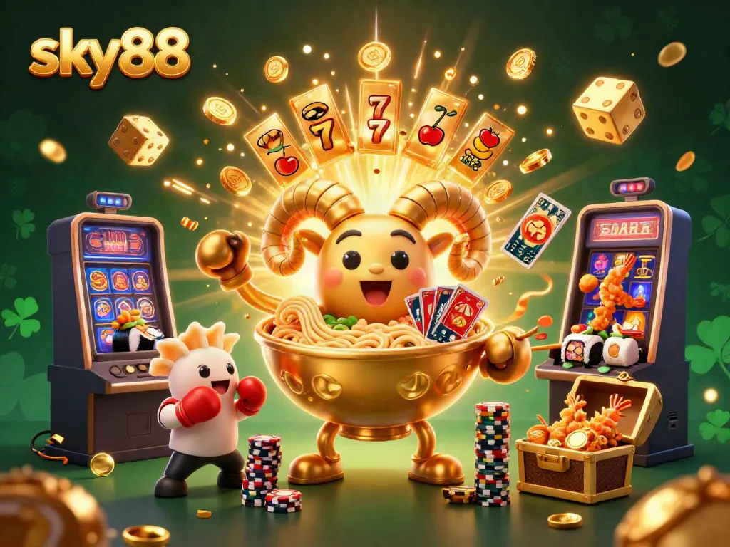 Experience the thrill of sky88 with a vibrant 3D casino scene featuring fun characters and gaming elements.