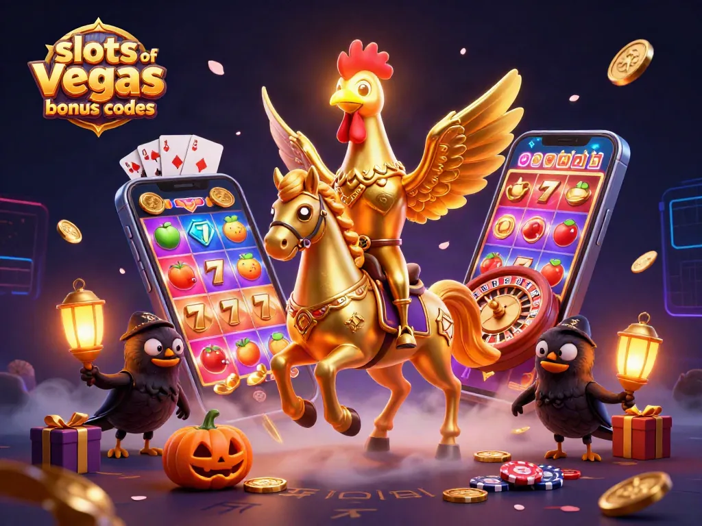 Experience slots of vegas bonus codes with dynamic 3D casino elements and golden rooster characters.