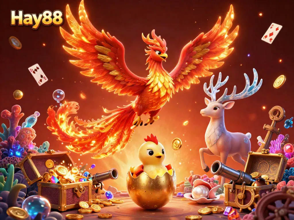 Engage in thrilling bets with Hay88, featuring a dynamic casino scene with vibrant characters and lively gaming elements.